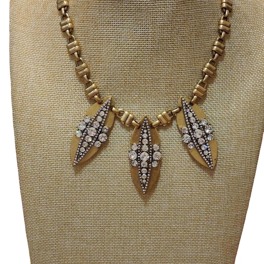 J. Crew Antique Gold Tone Crystal Leaf Statement Necklace Marquise Pendants New - Picture 2 of 10
